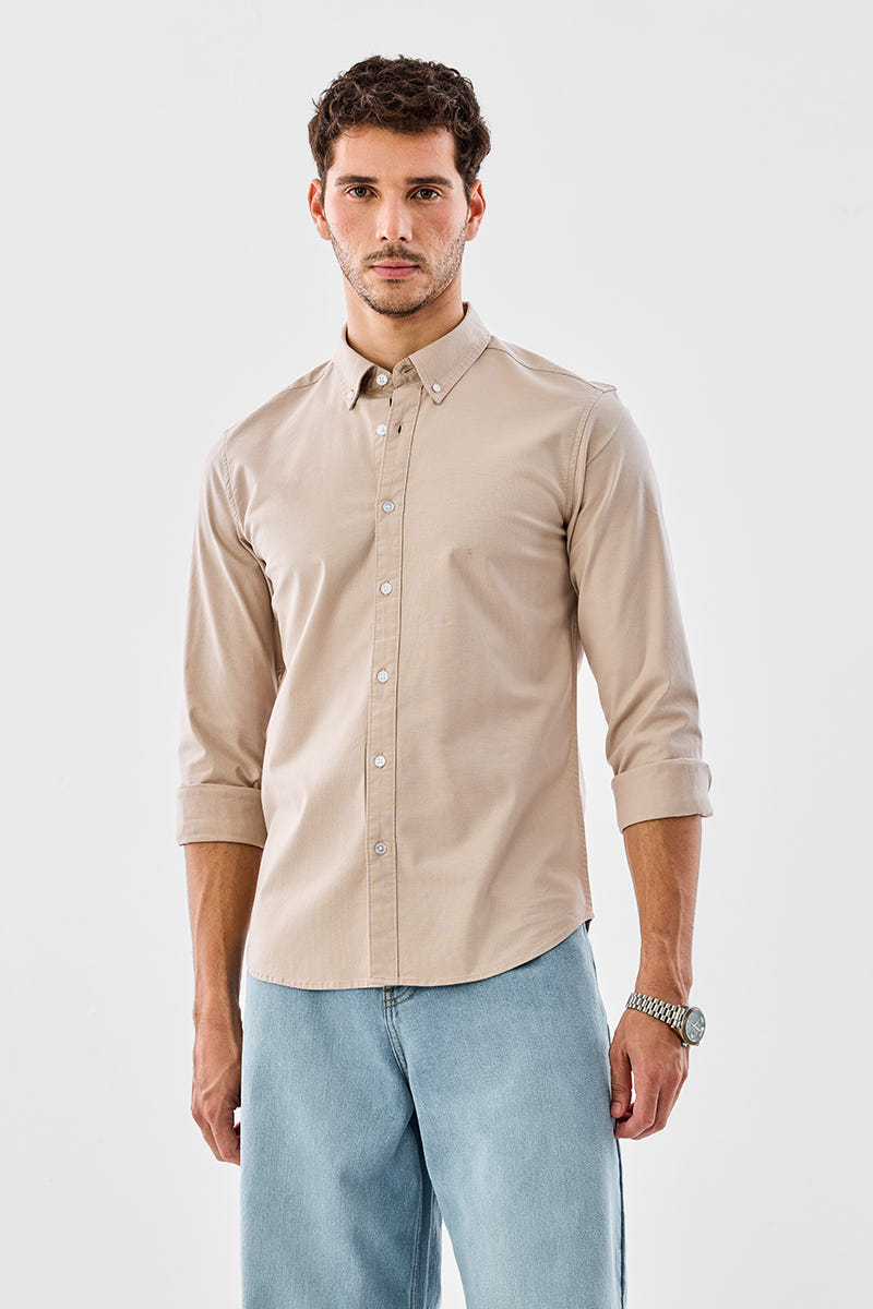 Beige Essence Full-Sleeve Cotton Shirt in a Smooth Timeless Tone